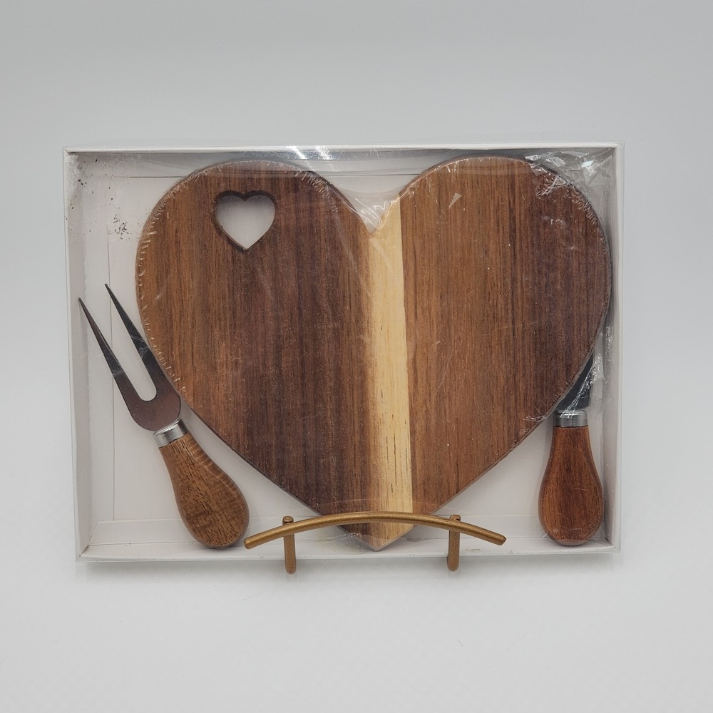 Heart Shaped Wooden Cheese Board Set with Knife Fork Gift Box Serving Tray
